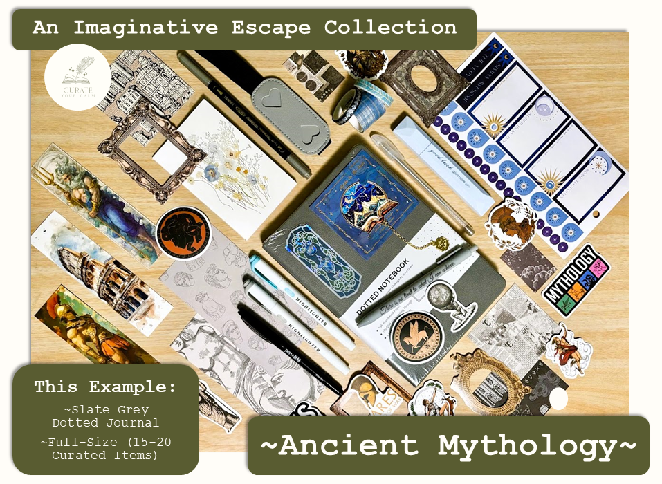 Full-Size Journaling Bundle in the Ancient Mythology Theme, with a Slate Grey size A5 Journal surrounded by various themed journaling items such as bookmarks, pens, markers, stickers and scrapbooking papers.