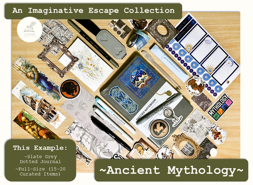 Full-Size Journaling Bundle in the Ancient Mythology Theme, with a Slate Grey size A5 Journal surrounded by various themed journaling items such as bookmarks, pens, markers, stickers and scrapbooking papers.