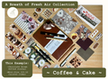 Mini-Size Journaling Bundle in the Coffee and Cake Theme, with a Chocolate Brown size A5 Journal surrounded by various themed journaling items such as bookmarks, pens, markers, stickers and scrapbooking papers.