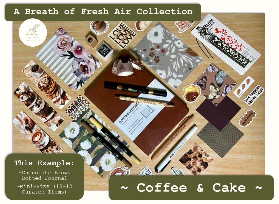 Mini-Size Journaling Bundle in the Coffee and Cake Theme, with a Chocolate Brown size A5 Journal surrounded by various themed journaling items such as bookmarks, pens, markers, stickers and scrapbooking papers.