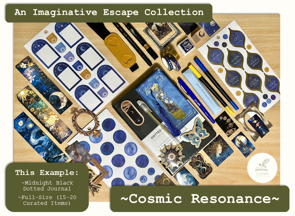 Full-Size Journaling Bundle in the Cosmic Resonance Theme, with a Midnight Black size A5 Journal surrounded by various themed journaling items such as bookmarks, pens, markers, stickers and scrapbooking papers.