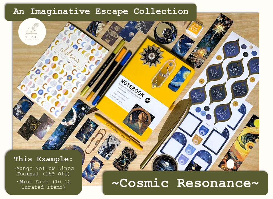Mini-Size Journaling Bundle in the Cosmic Resonance Theme, with a Mango Yellow size A5 Journal surrounded by various themed journaling items such as bookmarks, pens, markers, stickers and scrapbooking papers. Listed as 15% off for a limited time.