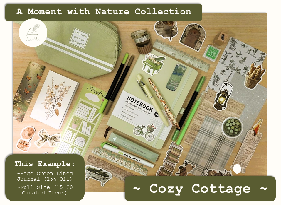 Full-Size Journaling Bundle in the Cozy Cottage Theme, with a Sage Green size A5 Journal surrounded by various themed journaling items such as bookmarks, pens, markers, stickers and scrapbooking papers. Listed as 15% off for a limited time.