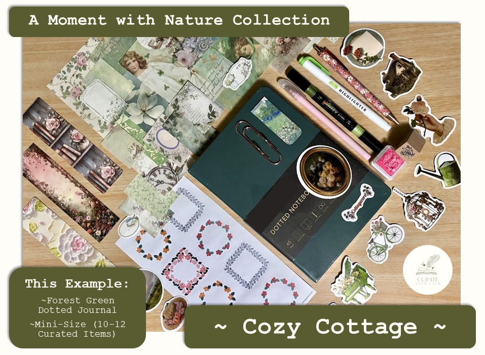 Mini-Size Journaling Bundle in the Cozy Cottage Theme, with a Forest Green size A5 Journal surrounded by various themed journaling items such as bookmarks, pens, markers, stickers and scrapbooking papers.
