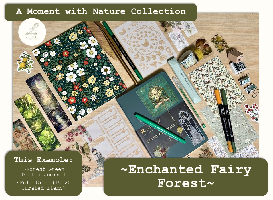 Full-Size Journaling Bundle in the Enchanted Fairy Forest Theme, with a Forest Green size A5 Journal surrounded by various themed journaling items such as bookmarks, pens, markers, stickers and scrapbooking papers.