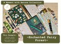 Full-Size Journaling Bundle in the Enchanted Fairy Forest Theme, with a Forest Green size A5 Journal surrounded by various themed journaling items such as bookmarks, pens, markers, stickers and scrapbooking papers.