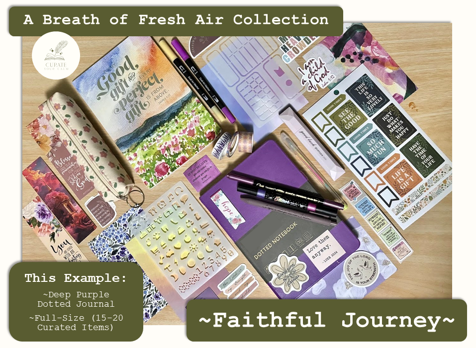 Full-Size Journaling Bundle in the Faithful Journey Theme, with a Deep Purple size A5 Journal surrounded by various themed journaling items such as bookmarks, pens, markers, stickers and scrapbooking papers.