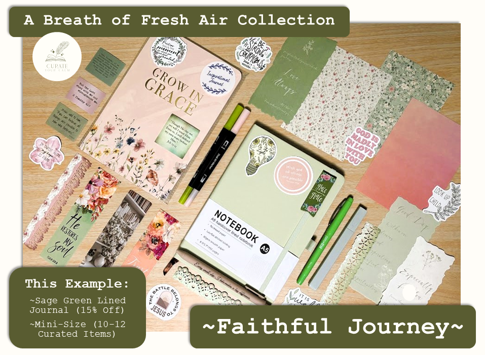Mini Journaling Bundle in the Faithful Journey Theme, with a Sage Green size A5 Journal surrounded by various themed journaling items such as bookmarks, pens, markers, stickers and scrapbooking papers. Listed as 15% off for a limited time.