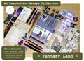 Full-Size Journaling Bundle in the Fantasy Land Theme, with a Lush Lavender size A5 Journal surrounded by various themed journaling items such as bookmarks, pens, markers, stickers and scrapbooking papers. Listed as 15% off for a limited time.