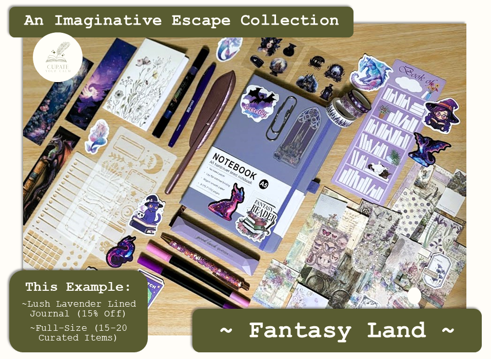 Full-Size Journaling Bundle in the Fantasy Land Theme, with a Lush Lavender size A5 Journal surrounded by various themed journaling items such as bookmarks, pens, markers, stickers and scrapbooking papers. Listed as 15% off for a limited time.