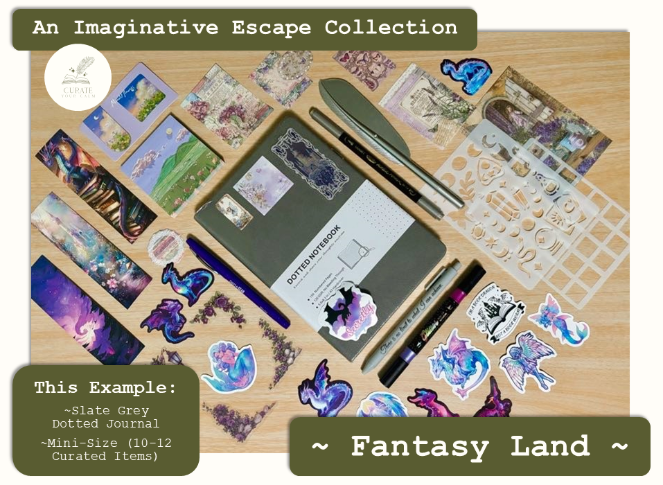 Mini-Size Journaling Bundle in the Fantasy Land Theme, with a Slate Grey size A5 Journal surrounded by various themed journaling items such as bookmarks, pens, markers, stickers and scrapbooking papers.