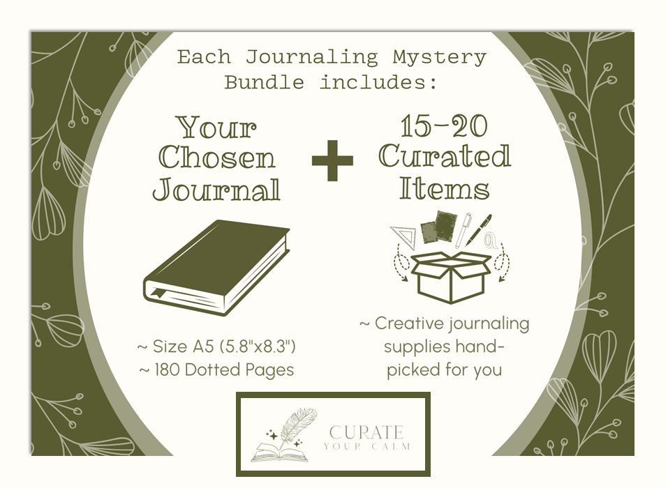 Image Explaining How a Mystery Journaling Bundle Works - Your Choice of Color for an A5 Dotted Journal + 15-20 Hand-Picked Journaling Items to Match your Theme