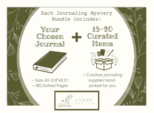 Image Explaining How a Mystery Journaling Bundle Works - Your Choice of Color for an A5 Dotted Journal + 15-20 Hand-Picked Journaling Items to Match your Theme