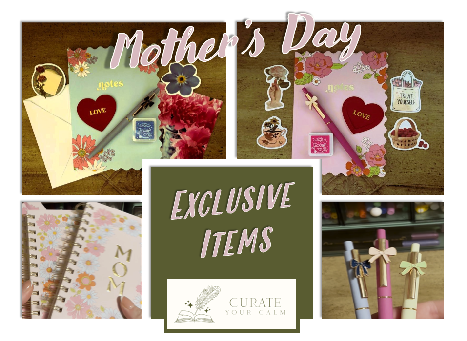 Photos of items found exclusively in the Mother's Day Bundles, including hardcover spiral-bound journals with "MOM" on the cover, bow-themed writing pens, and more.