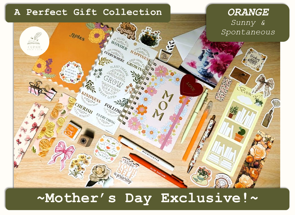 Mother's Day Exclusive Journaling Bundle in the Orange: Sunny and Spontaneous theme, with a 5"x7" "MOM" spiral-bound journal surrounded by various themed journaling items such as bookmarks, pens, markers, stickers and more.