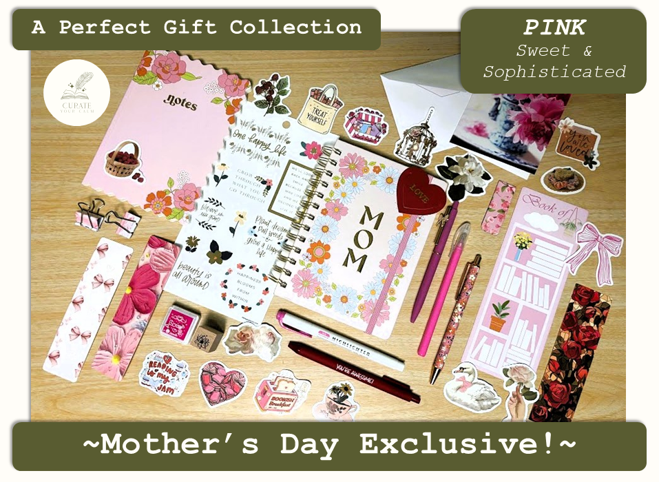 Mother's Day Exclusive Journaling Bundle in the Pink: Sweet and Sophisticated theme, with a 5"x7" "MOM" spiral-bound journal surrounded by various themed journaling items such as bookmarks, pens, markers, stickers and more.