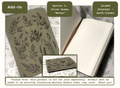 Soft-Cover Lined Journal in Olive Green with Etched Leaves - Golden Ribbon Bookmark - Velvety Leather Cover