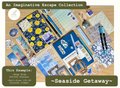 Full-Size Journaling Bundle in the Seaside Getaway Theme, with a Deep Blue size A5 Journal surrounded by various themed journaling items such as bookmarks, pens, markers, stickers and scrapbooking papers.