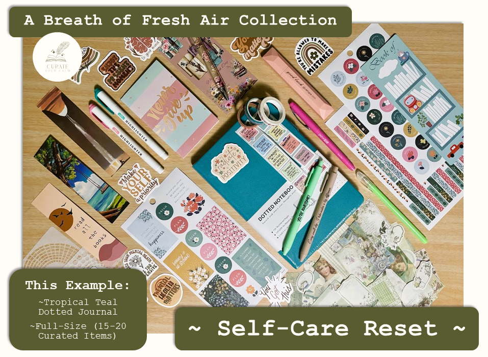 Full-Size Journaling Bundle in the Self-Care Reset Theme, with a Tropical Teal size A5 Journal surrounded by various themed journaling items such as bookmarks, pens, markers, stickers and scrapbooking papers.