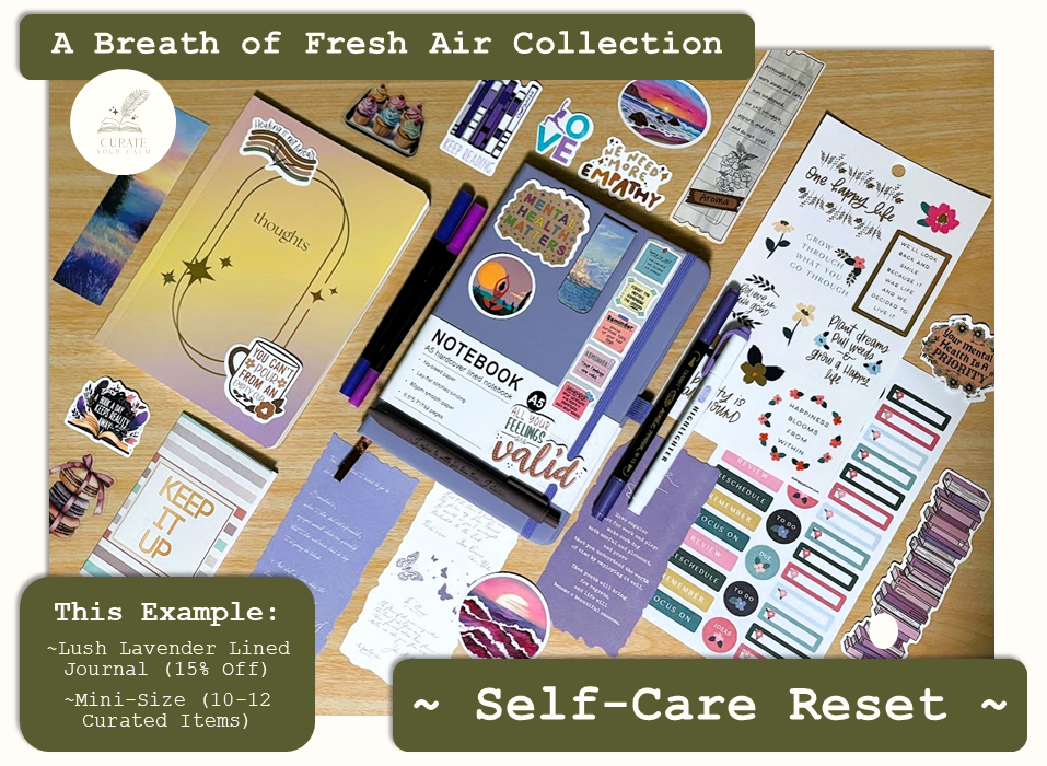 Mini-Size Journaling Bundle in the Self-Care Reset Theme, with a Lush Lavender size A5 Journal surrounded by various themed journaling items such as bookmarks, pens, markers, stickers and scrapbooking papers. Listed as 15% off for a limited time.
