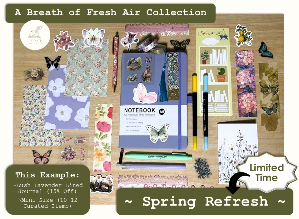 Mini-Size Journaling Bundle in the Spring Refresh Theme, with a Lush Lavender size A5 Journal surrounded by various themed journaling items such as bookmarks, pens, markers, stickers and scrapbooking papers.