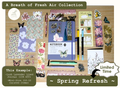 Mini-Size Journaling Bundle in the Spring Refresh Theme, with a Lush Lavender size A5 Journal surrounded by various themed journaling items such as bookmarks, pens, markers, stickers and scrapbooking papers.