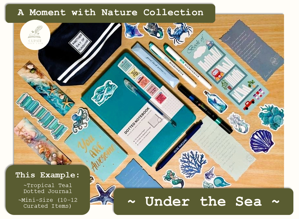 Mini-Size Journaling Bundle in the Under the Sea Theme, with a Tropical Teal size A5 Journal surrounded by various themed journaling items such as bookmarks, pens, markers, stickers and scrapbooking papers.