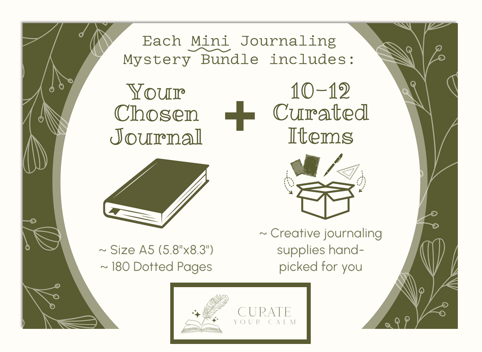 Visual Explaining Mini-Size Mystery Journaling Bundles = 1 Size A5 Dotted Journal in Your Color Choice + 10-12 Curated Journaling Items