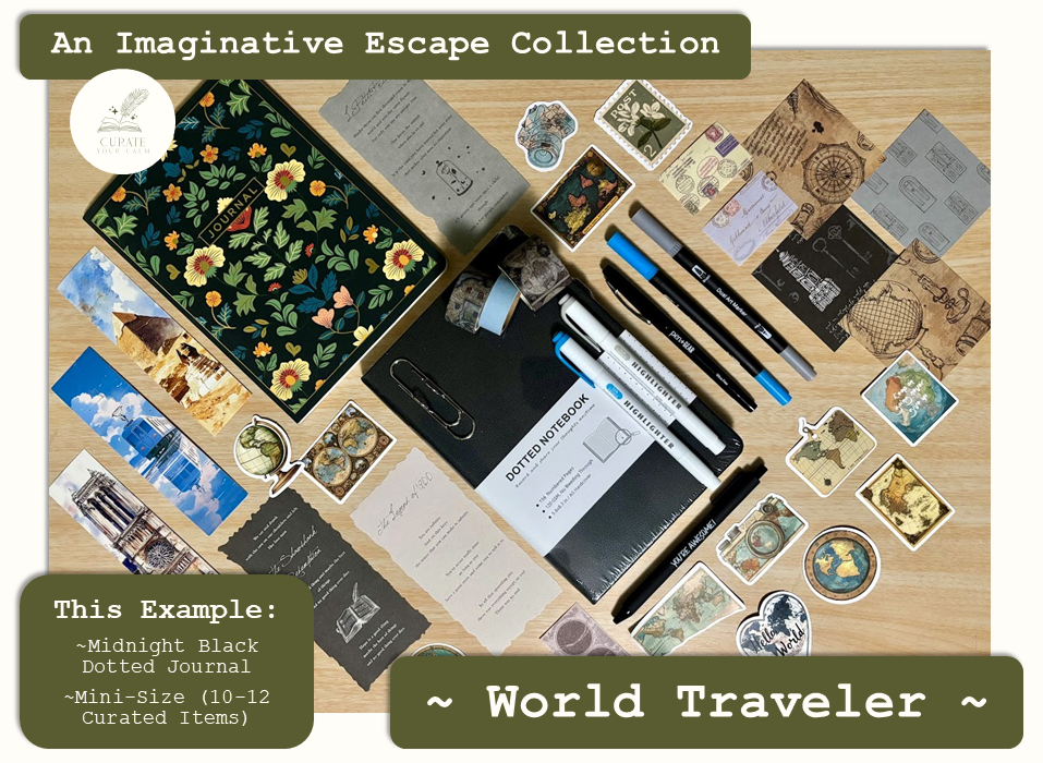 Mini-Size Journaling Bundle in the World Traveler Theme, with a Midnight Black size A5 Journal surrounded by various themed journaling items such as bookmarks, pens, markers, stickers and scrapbooking papers.