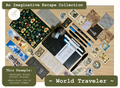Mini-Size Journaling Bundle in the World Traveler Theme, with a Midnight Black size A5 Journal surrounded by various themed journaling items such as bookmarks, pens, markers, stickers and scrapbooking papers.